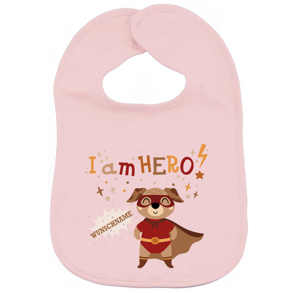 Personalisiertes Lätzchen aus 100% Baumwolle Babylätzchen doppellagiger weicher Stoff 38cm lang Motiv Hero Hund