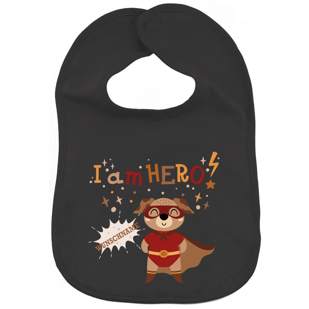 Personalisiertes Lätzchen aus 100% Baumwolle Babylätzchen doppellagiger weicher Stoff 38cm lang Motiv Hero Hund