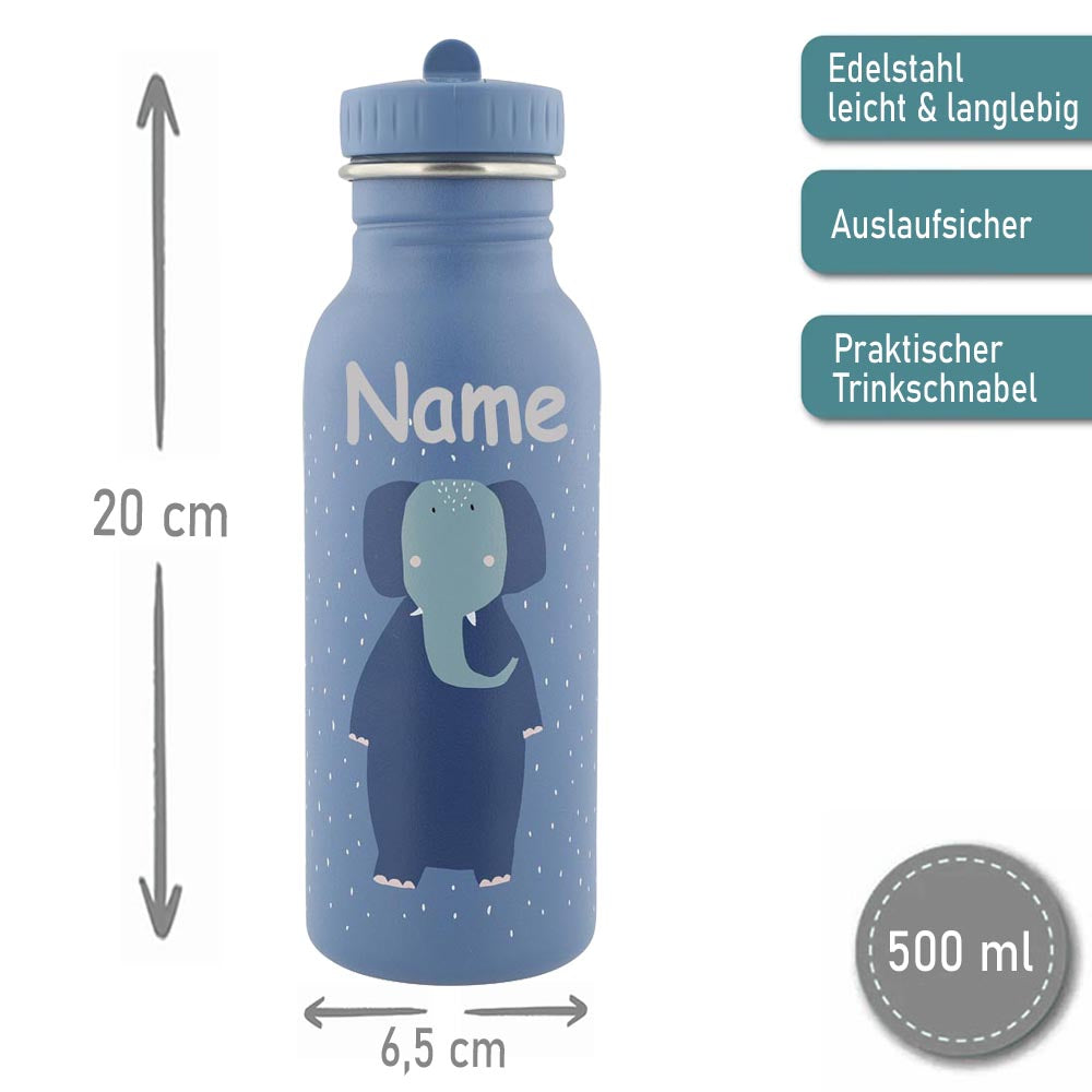 Edelstahl Trinkflasche für Kinder mit Namen graviert von Trixie ultraleicht auslaufsicher Trinkschnabel für Kinder ab 3 Jahren Elefant