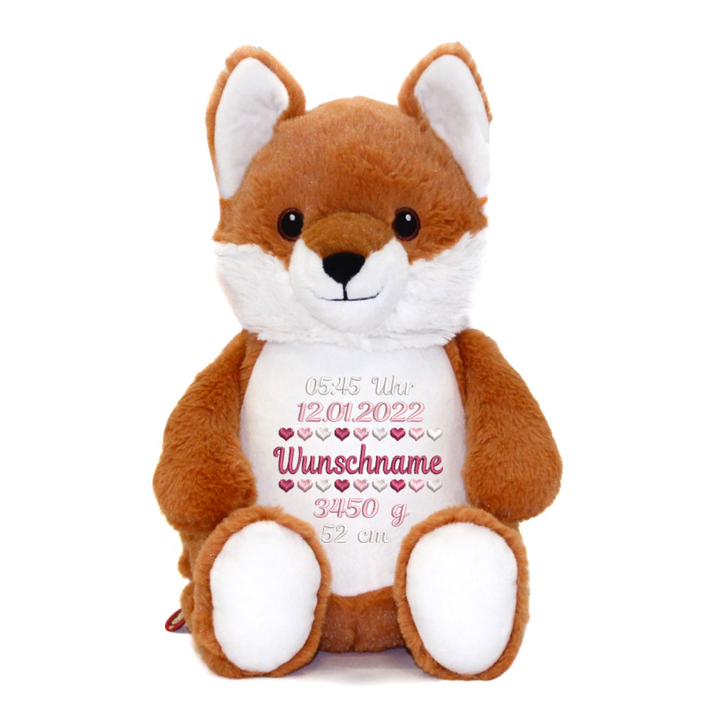 Personalisiertes Stofftier Fuchs Kuscheltier Bestickt Plüschtier zur Geburt Stickmotiv Geburtsdaten