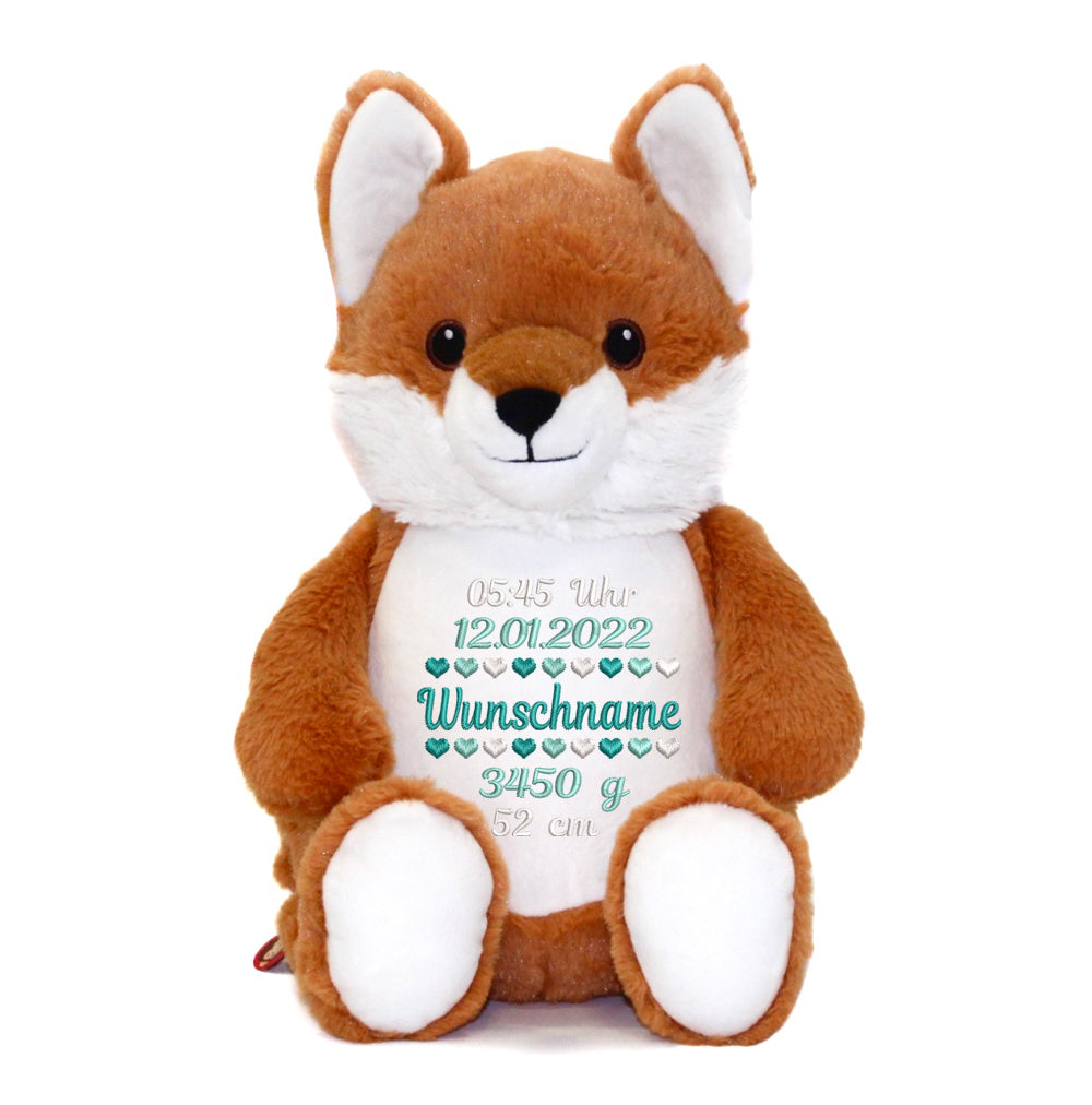 Personalisiertes Stofftier Fuchs Kuscheltier Bestickt Plüschtier zur Geburt Stickmotiv Geburtsdaten