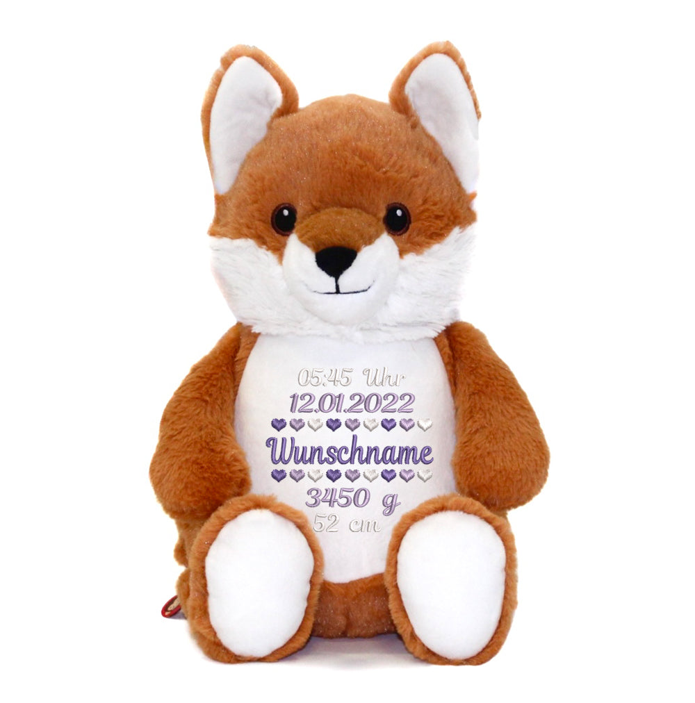 Personalisiertes Stofftier Fuchs Kuscheltier Bestickt Plüschtier zur Geburt Stickmotiv Geburtsdaten