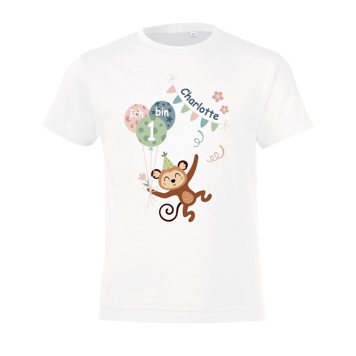 Kinder T-Shirt zum Geburtstag mit Motiv Affe, personalisiert mit Wunschname und Zahl, Geburtstagsshirt aus Baumwolle