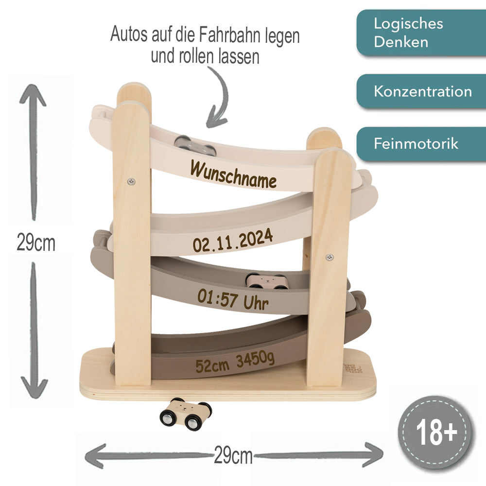 Holz-Kugelbahn personalisiert mit Name und Geburtsdaten Murmelbahn Autobahn Kleinkind ab 18 Monate Natur