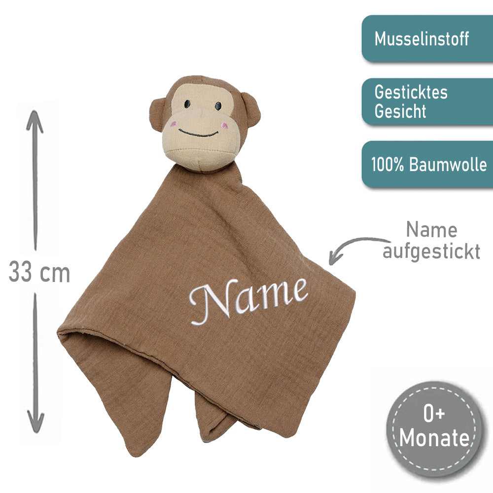 Schnuffeltuch aus Musselin mit Namen bestick Affe braun * Schmusetuch aus Baumwolle * Kuscheltuch für Babys