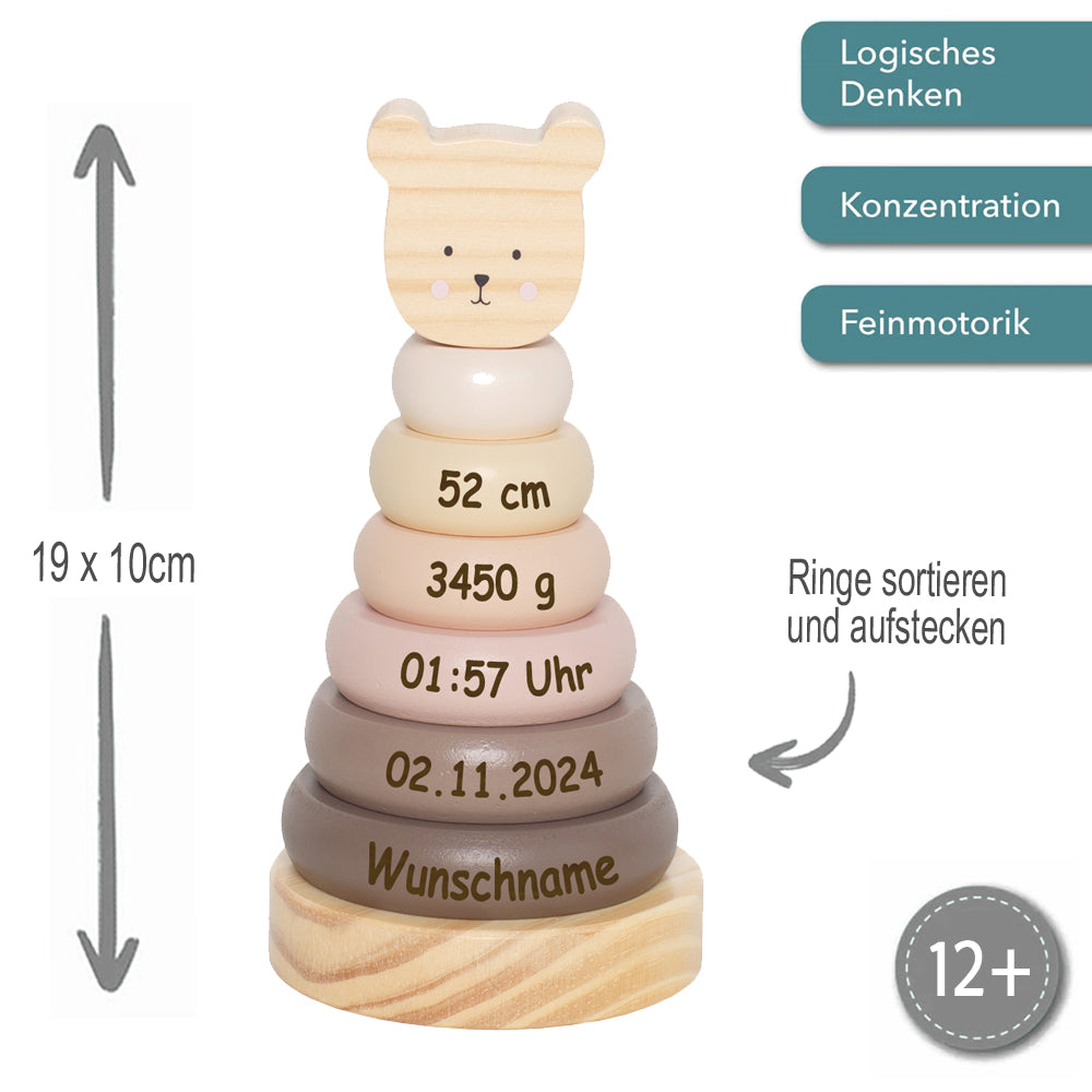 Stapelturm aus Holz personalisiert mit Name und Geburtsdaten Baby Geschenk Steckspiel Stapelringe graviert Bär Natur