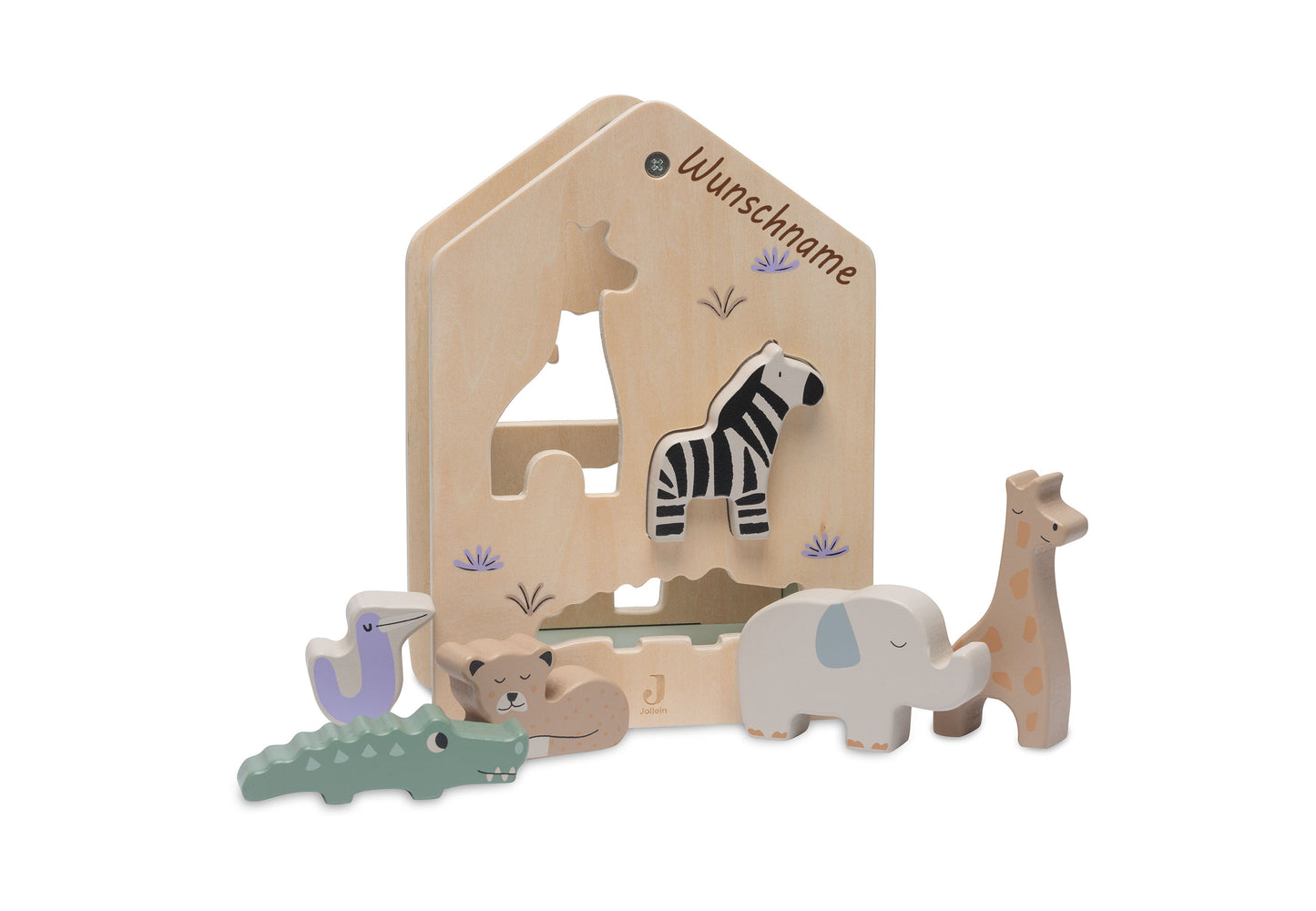 Holz Steckbox mit Safari Tieren, personalisiert mit Namen, Sortierspielzeug für Kinder ab 18 Monaten