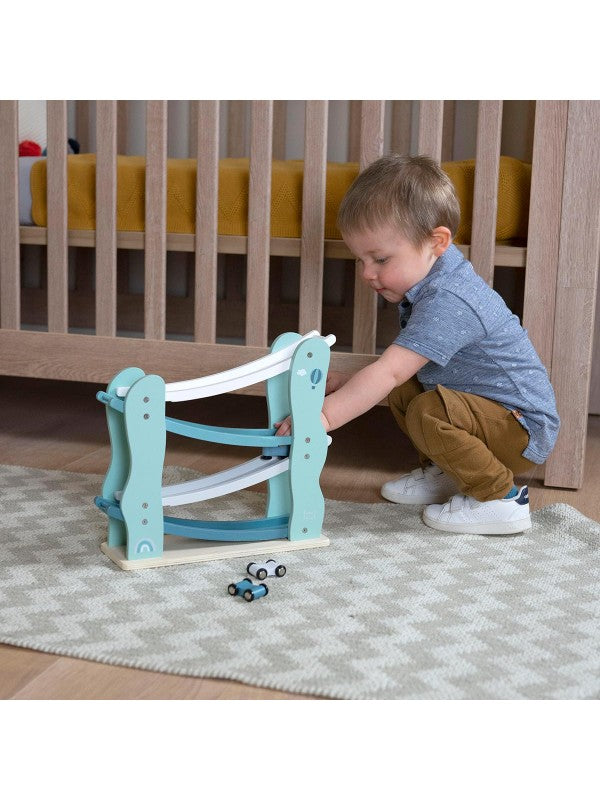 Autobahn Kugelbahn aus Holz türkis personalisiert mit Name und Geburtsdaten Baby Geschenk mit Gravur