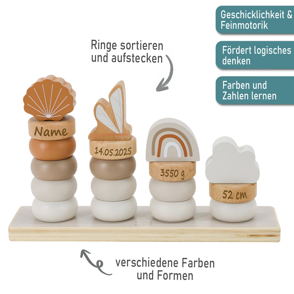 Stapelringe aus Holz beige personalisiert mit Name und Geburtsdaten Baby Geschenk mit Gravur