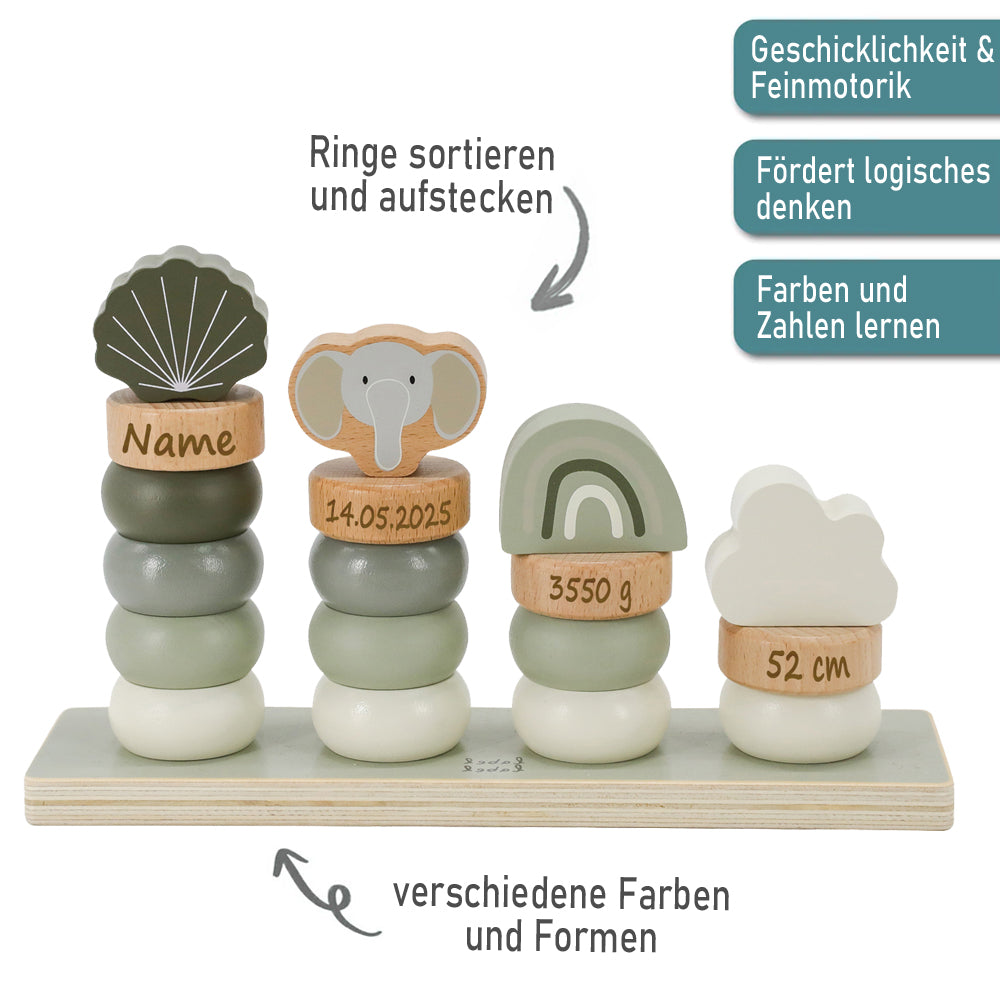 Stapelringe aus Holz oliv personalisiert mit Name und Geburtsdaten Baby Geschenk mit Gravur