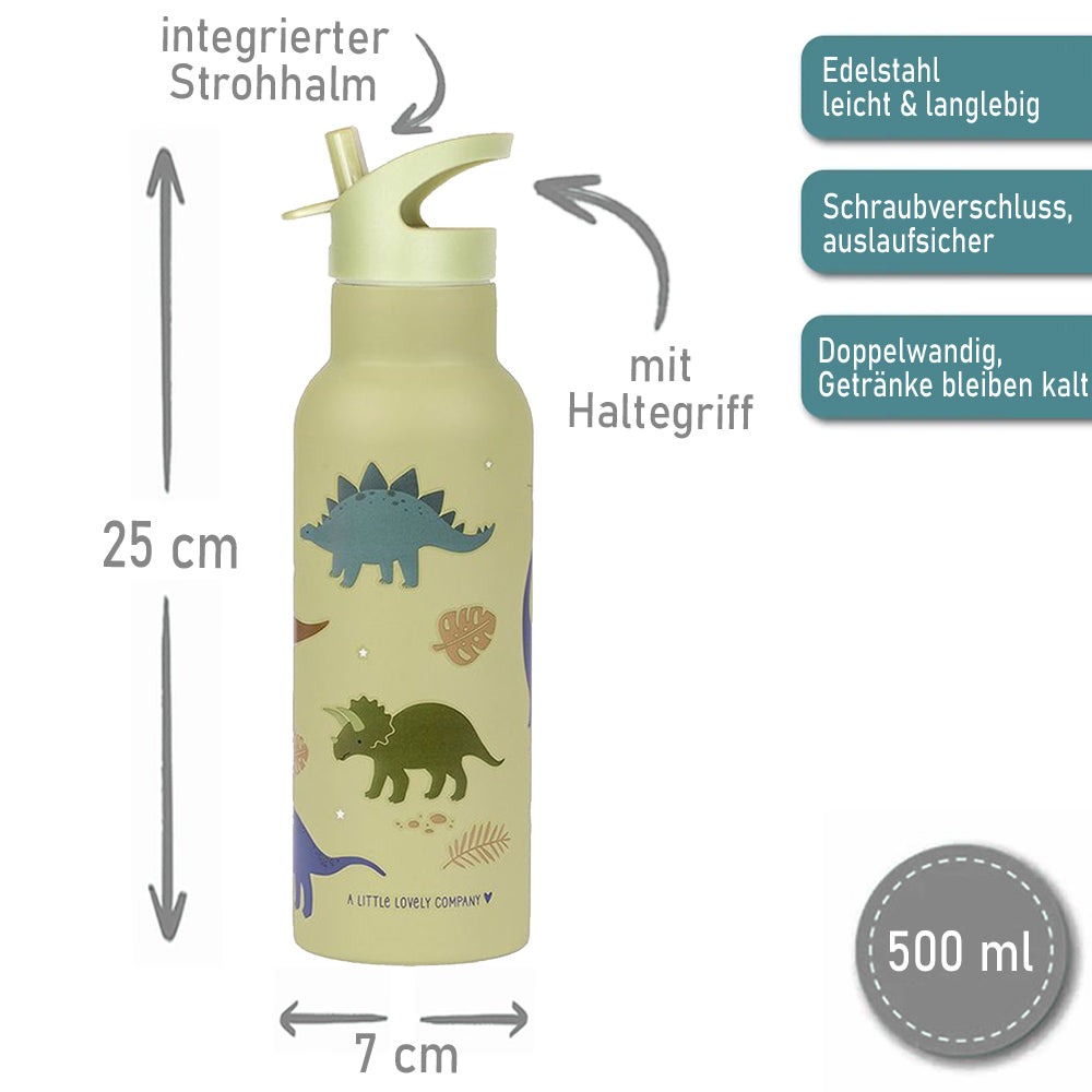 Personalisierte Edelstahl Trinkflasche für Kinder mit Namen graviert ultraleicht Trinkstrohhalm für Kinder ab 4 Jahren Dino
