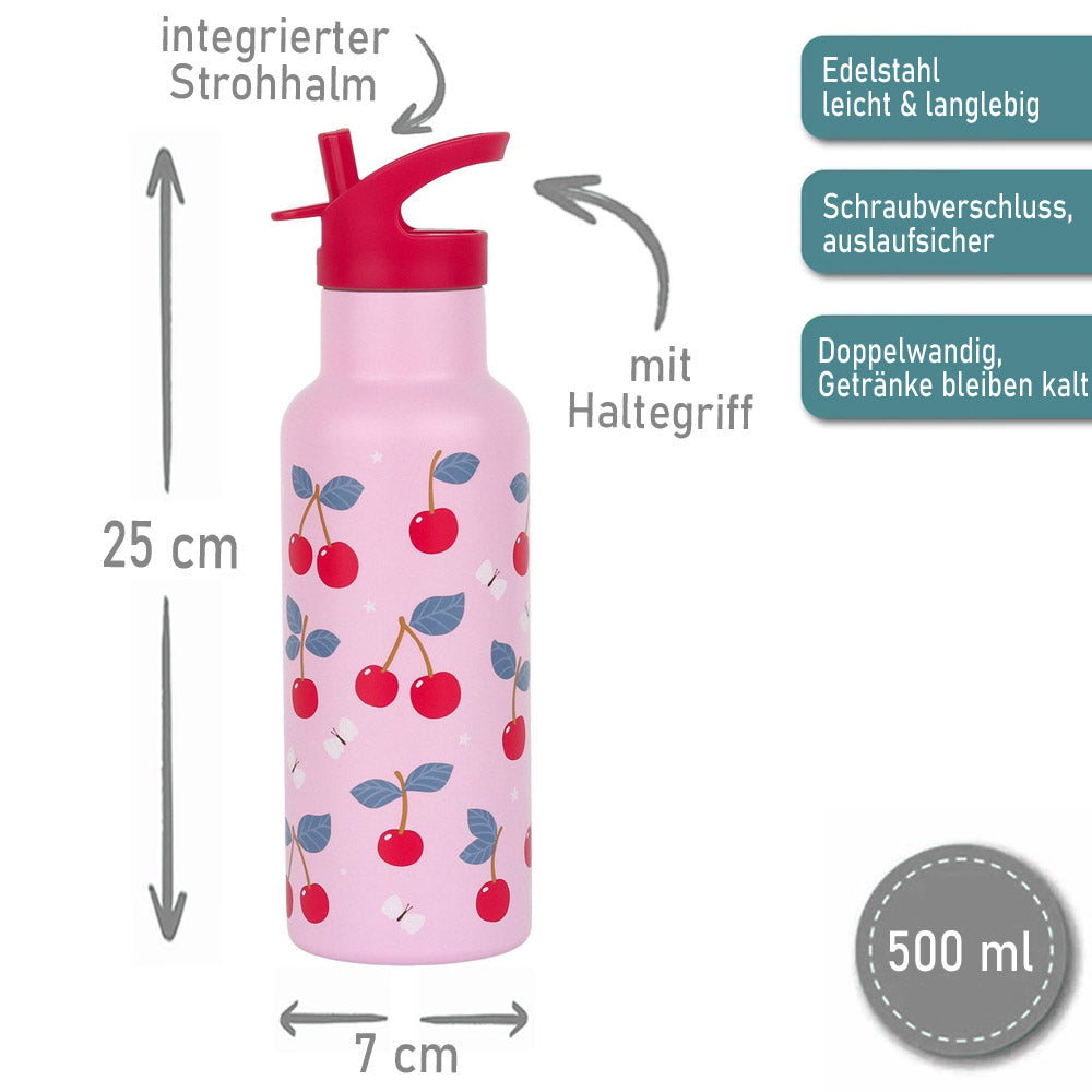 Personalisierte Edelstahl Trinkflasche für Kinder mit Namen graviert ultraleicht Trinkstrohhalm für Kinder ab 4 Jahren Kirschen