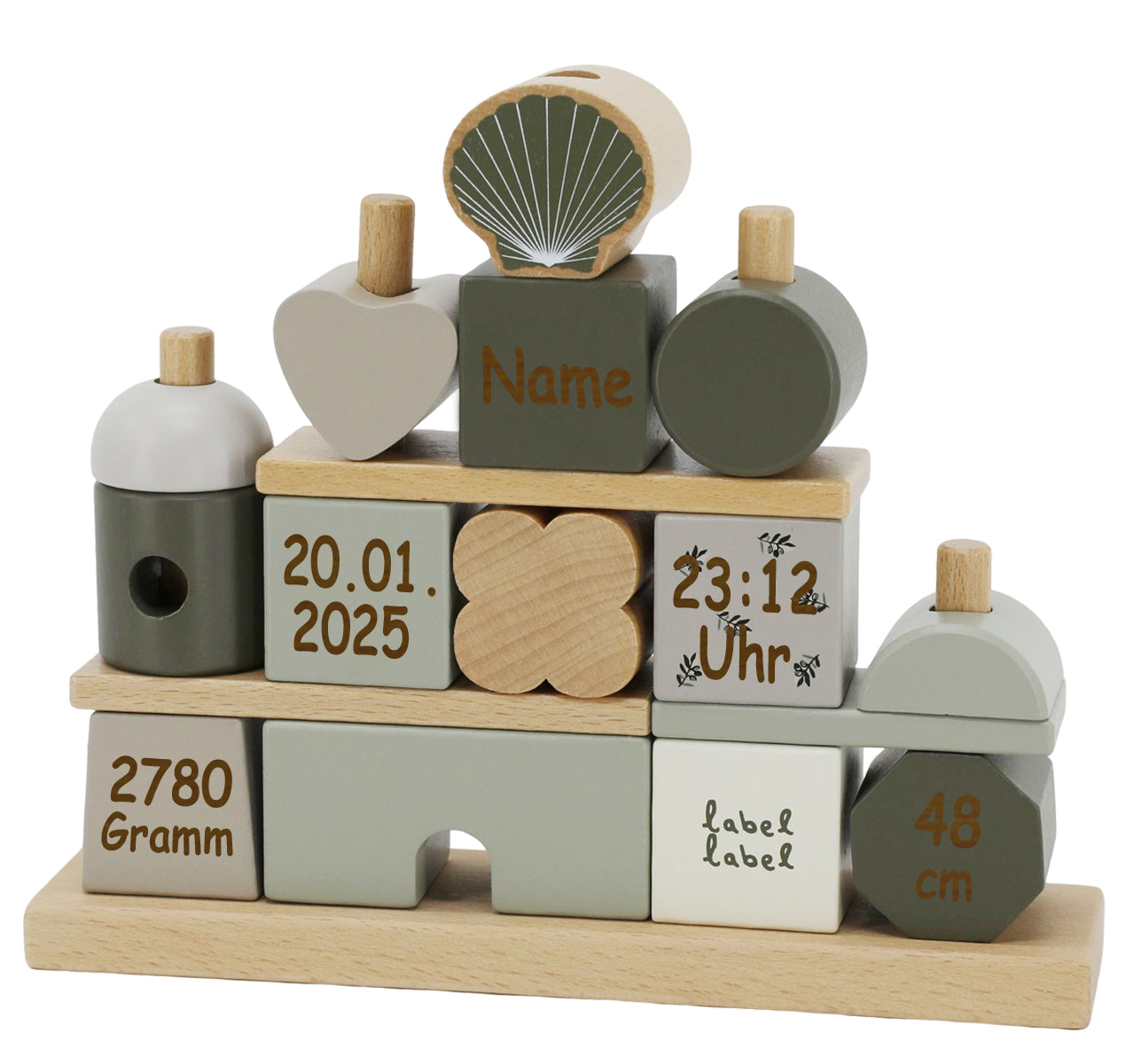 Steckspiel Haus olive personalisiert mit Name und Geburtsdaten Baby Geschenk mit Gravur