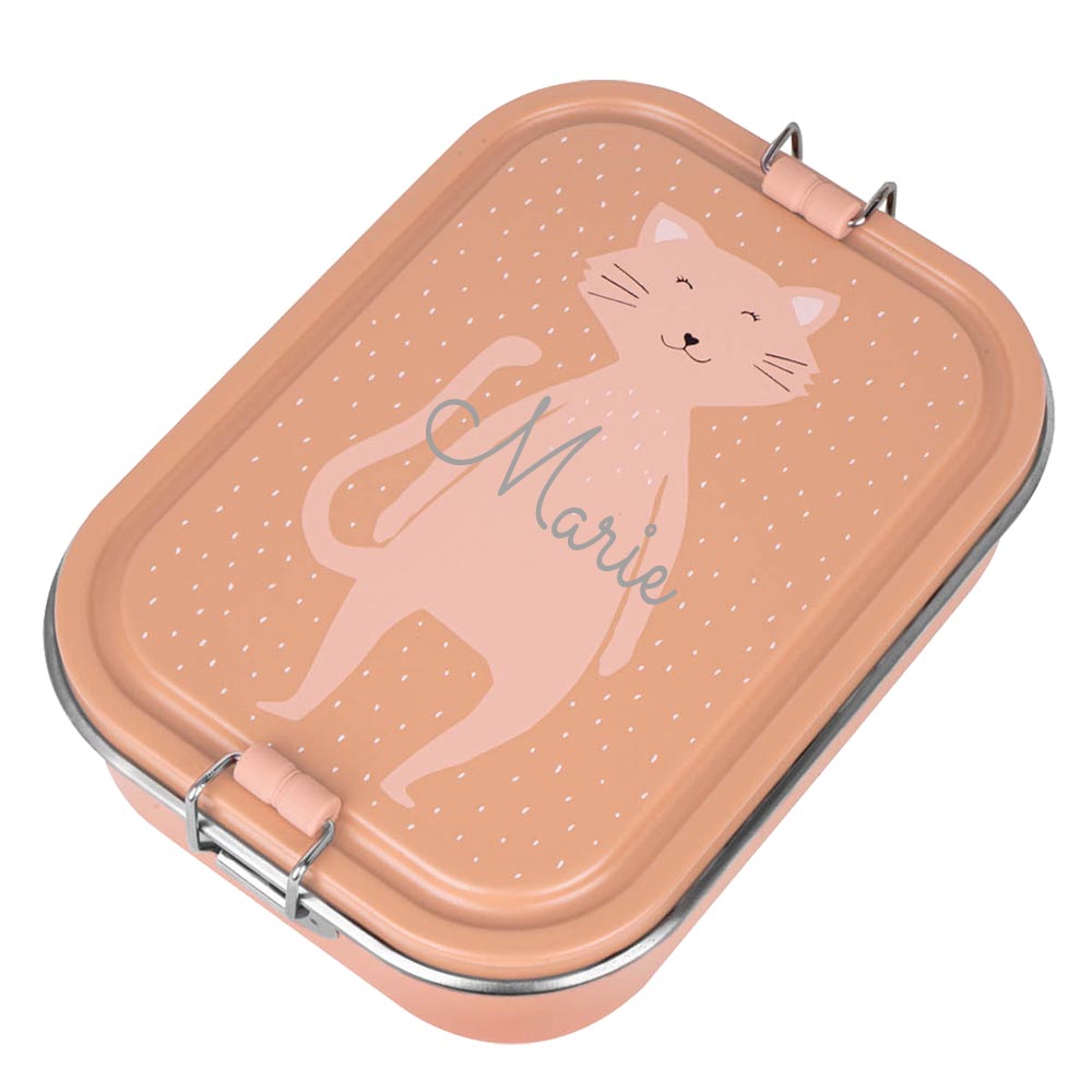 Edelstahl Brotdose für Kinder mit Namen graviert von Trixie Lunchbox ultraleicht mit Tiermotiv für Kinder ab 3 Jahren Katze