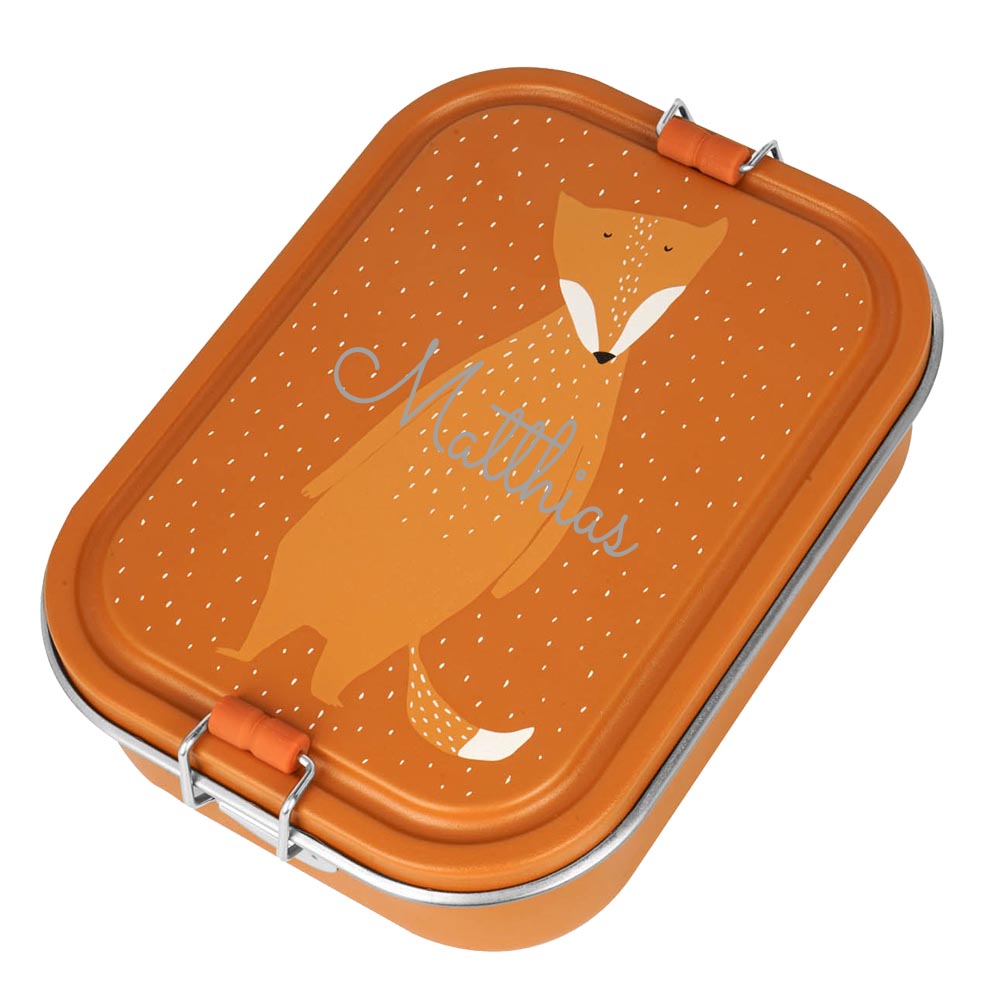 Edelstahl Brotdose für Kinder mit Namen graviert von Trixie Lunchbox ultraleicht mit Tiermotiv für Kinder ab 3 Jahren Fuchs