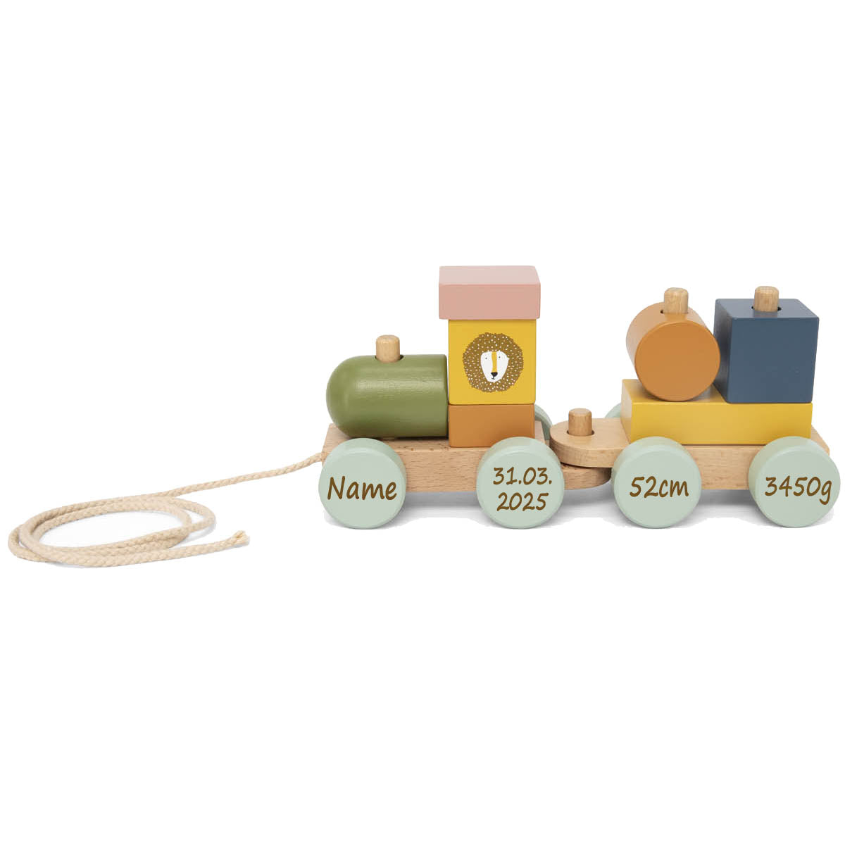 Mini Holzzug von Trixie Holz Eisenbahn mit Namen und Geburtsdaten graviert Babygeschenk