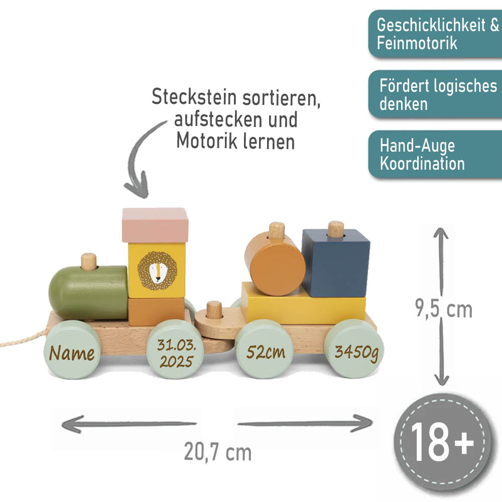 Mini Holzzug von Trixie Holz Eisenbahn mit Namen und Geburtsdaten graviert Babygeschenk