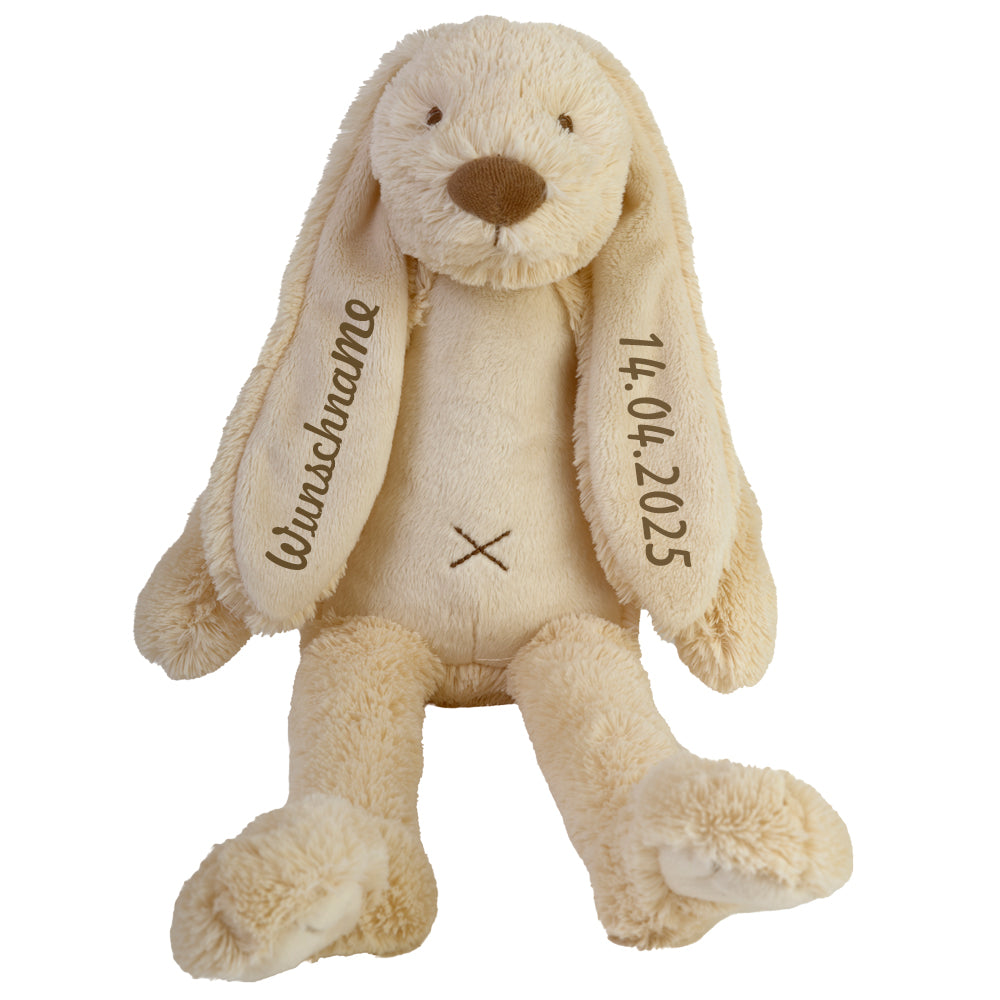 Stofftier Hase mit Namen und Geburtsdatum personalisiert Geschenk beige