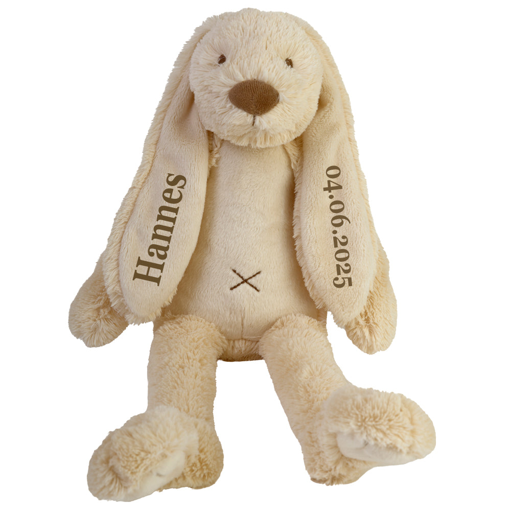 Stofftier Hase mit Namen und Geburtsdatum personalisiert Geschenk beige