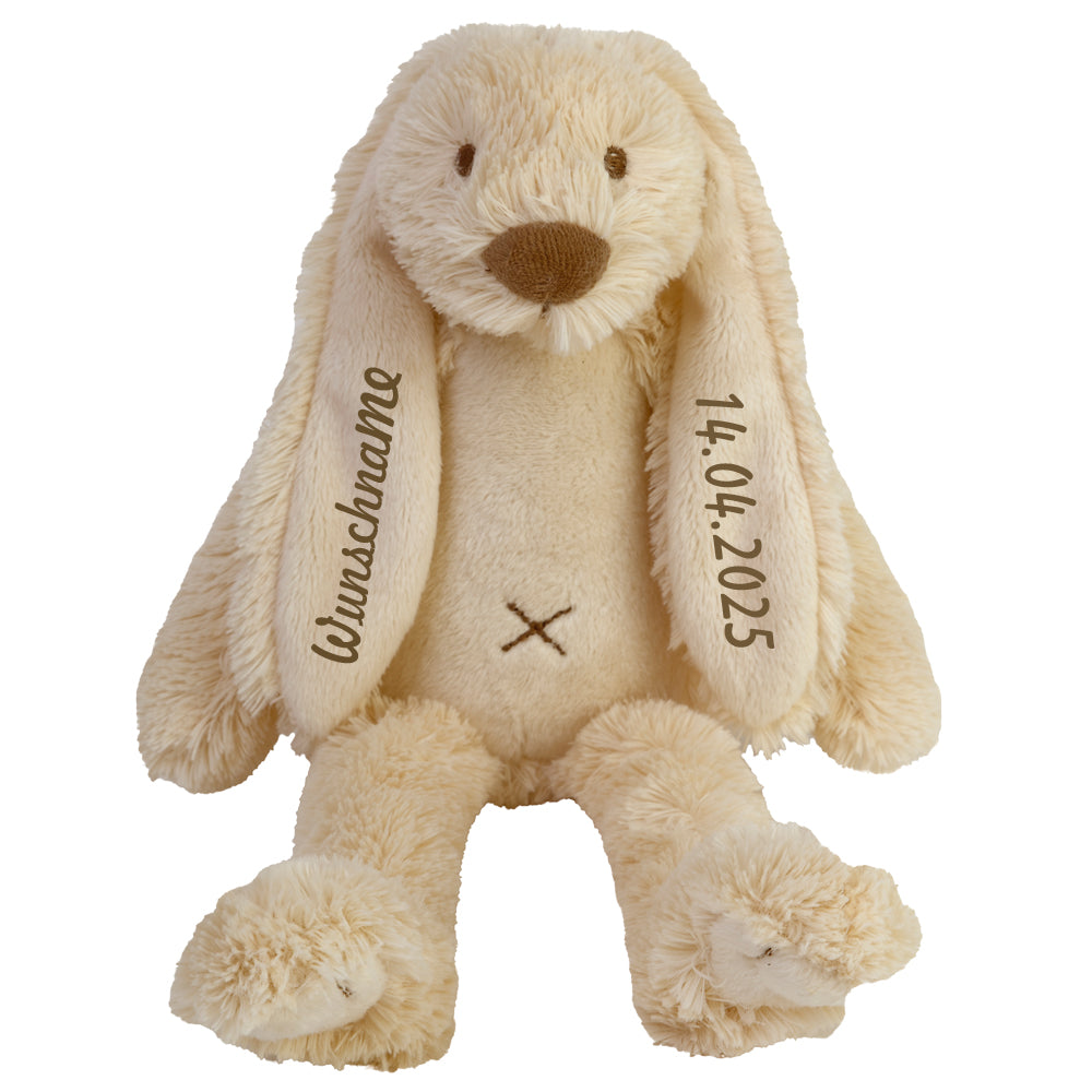 Stofftier Hase mit Namen und Geburtsdatum personalisiert Geschenk beige