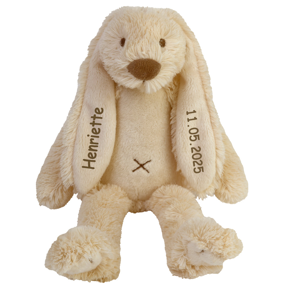 Stofftier Hase mit Namen und Geburtsdatum personalisiert Geschenk beige