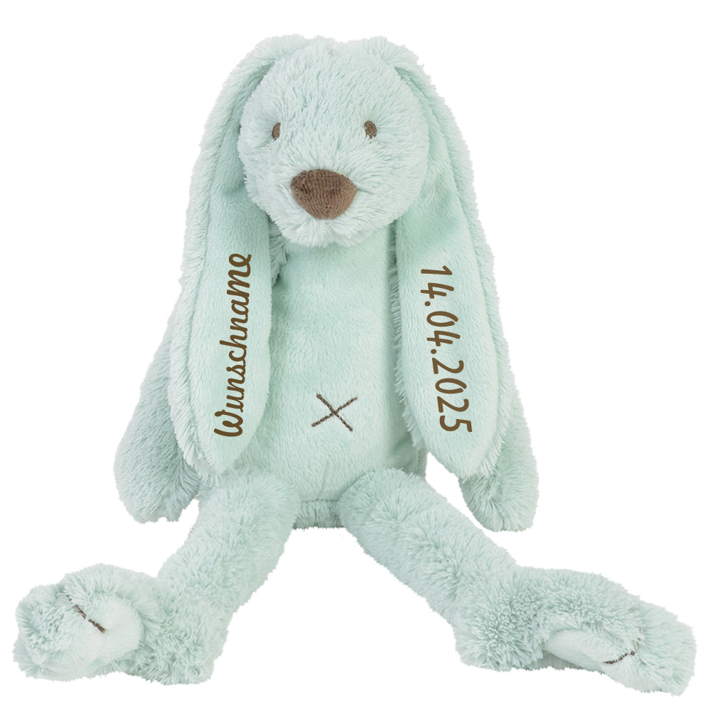 Stofftier Hase mit Namen und Geburtsdatum personalisiert Geschenk mint