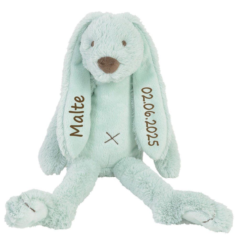 Stofftier Hase mit Namen und Geburtsdatum personalisiert Geschenk mint