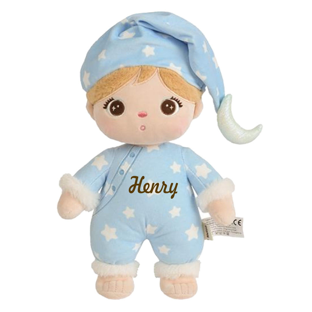 Personalisierte Schlafpuppe mit Schlafmütze weiche Plüschpuppe mit Namen Sternenmuster Schlafanzug Hellblau