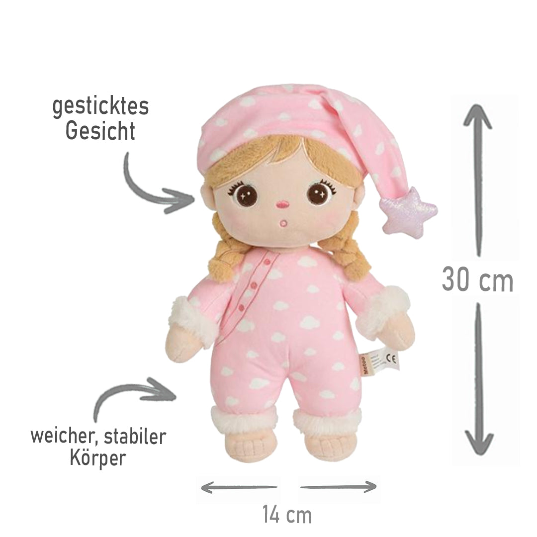 Personalisierte Schlafpuppe mit Schlafmütze weiche Plüschpuppe mit Namen Sternenmuster Schlafanzug Rosa