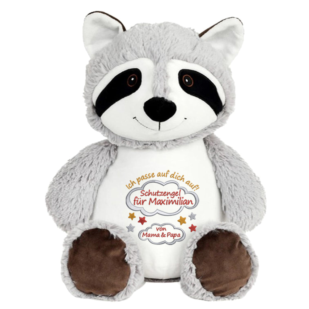 Personalisiertes Stofftier Waschbär Kuscheltier Bestickt Plüschtier zur Geburt Stickmotiv Schutzengel