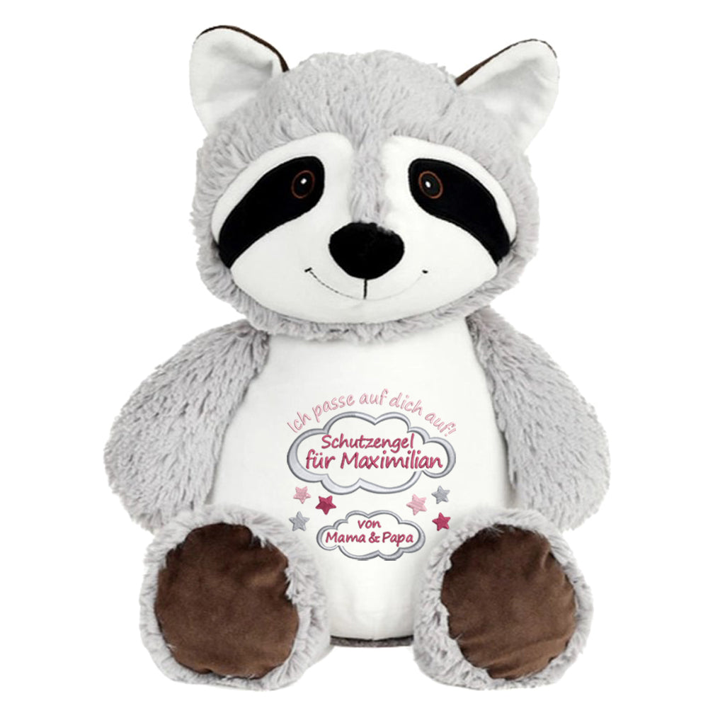 Personalisiertes Stofftier Waschbär Kuscheltier Bestickt Plüschtier zur Geburt Stickmotiv Schutzengel