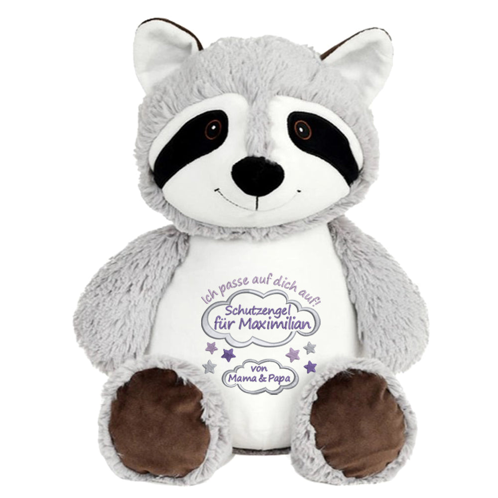 Personalisiertes Stofftier Waschbär Kuscheltier Bestickt Plüschtier zur Geburt Stickmotiv Schutzengel