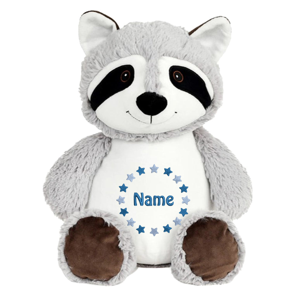 Personalisiertes Stofftier Waschbär Kuscheltier Bestickt Plüschtier zur Geburt Stickmotiv Sternkreis