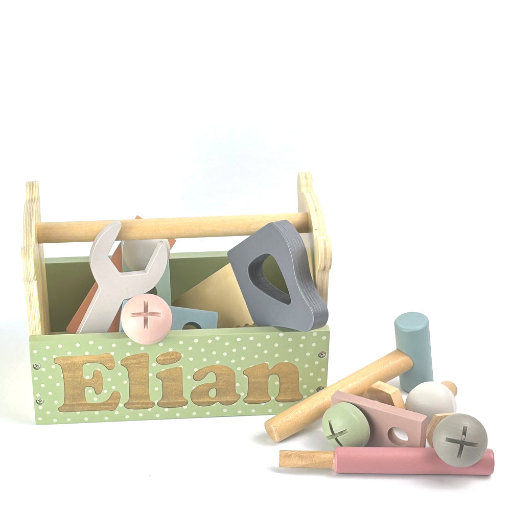 Werkzeugkiste Werkzeugkasten aus Holz Teddy personalisiert mit Name Baby Geschenk mit Gravur