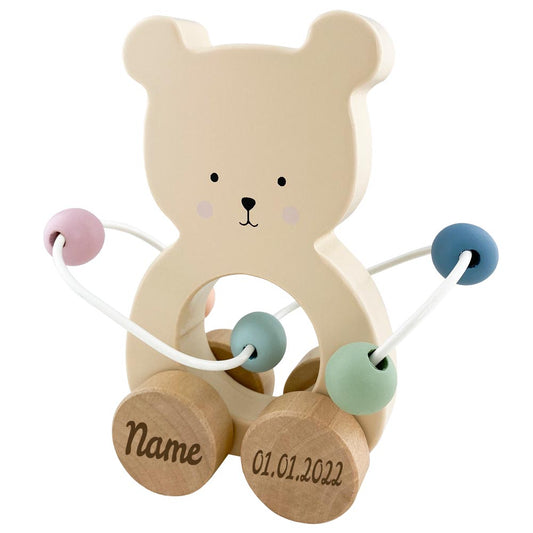 Spielzeug Teddy mit Abakus aus Holz personalisiert mit Name und Datum Baby Geschenk mit Gravur