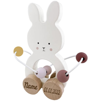 Spielzeug Hase mit Abakus aus Holz personalisiert mit Name und Datum Baby Geschenk mit Gravur
