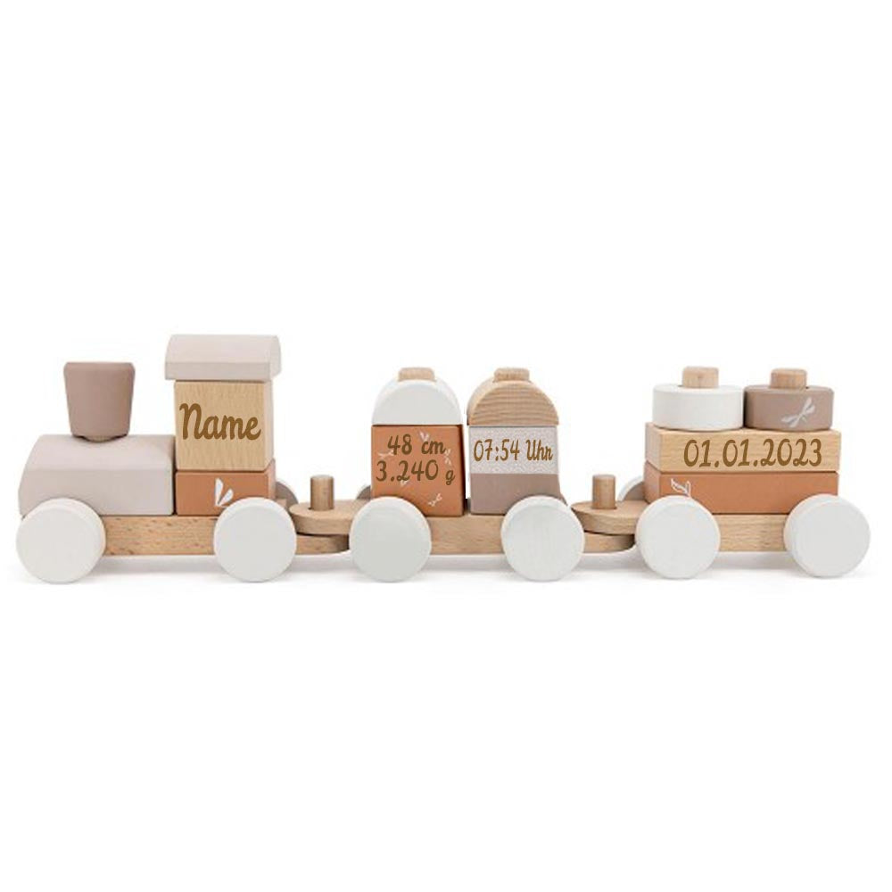 Holzzug Holz Eisenbahn beige personalisiert mit Name und Geburtsdaten Baby Geschenk mit Gravur