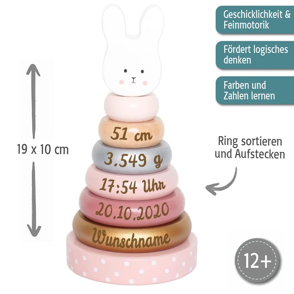 Stapelturm aus Holz Hase personalisiert mit Name und Geburtsdaten Baby Geschenk mit Gravur
