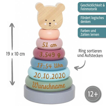 Stapelturm aus Holz Bär personalisiert mit Name und Geburtsdaten Baby Geschenk mit Gravur