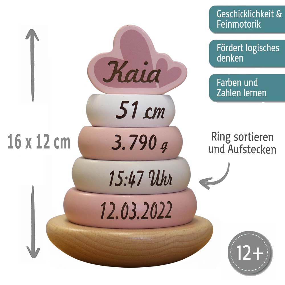 Holz Stapelturm rosa personalisiert mit Name und Geburtsdaten Baby Geschenk mit Gravur Geschenk zur Geburt oder Taufe