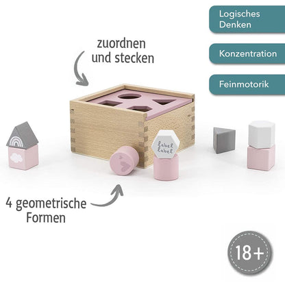 Formenspiel Sortierbox aus Holz rosa personalisiert mit Name und Datum Baby Geschenk mit Gravur