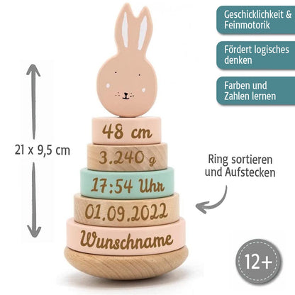 Personalisierter Stapelturm aus Holz von Trixie mit Namen und Geburtsdaten graviert Geburtsgeschenk HASE