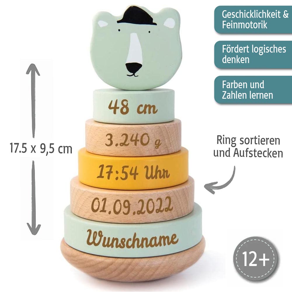 Personalisierter Stapelturm aus Holz von Trixie mit Namen und Geburtsdaten graviert Geburtsgeschenk POLARBÄR