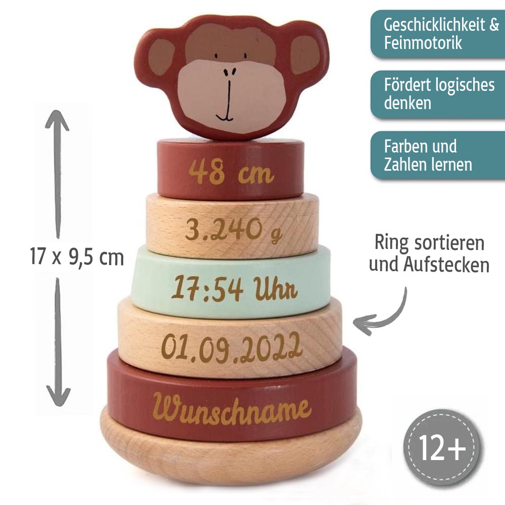 Personalisierter Stapelturm aus Holz von Trixie mit Namen und Geburtsdaten graviert Geburtsgeschenk AFFE