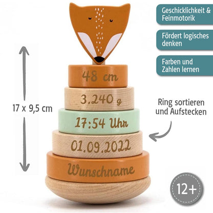 Personalisierter Stapelturm aus Holz von Trixie mit Namen und Geburtsdaten graviert Geburtsgeschenk FUCHS