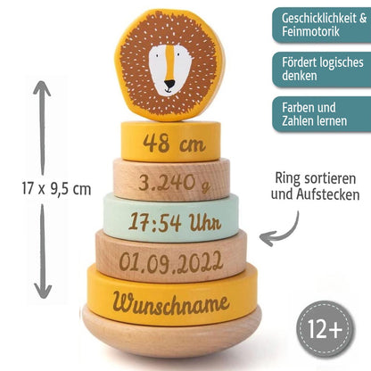 Personalisierter Stapelturm aus Holz von Trixie mit Namen und Geburtsdaten graviert Geburtsgeschenk LÖWE