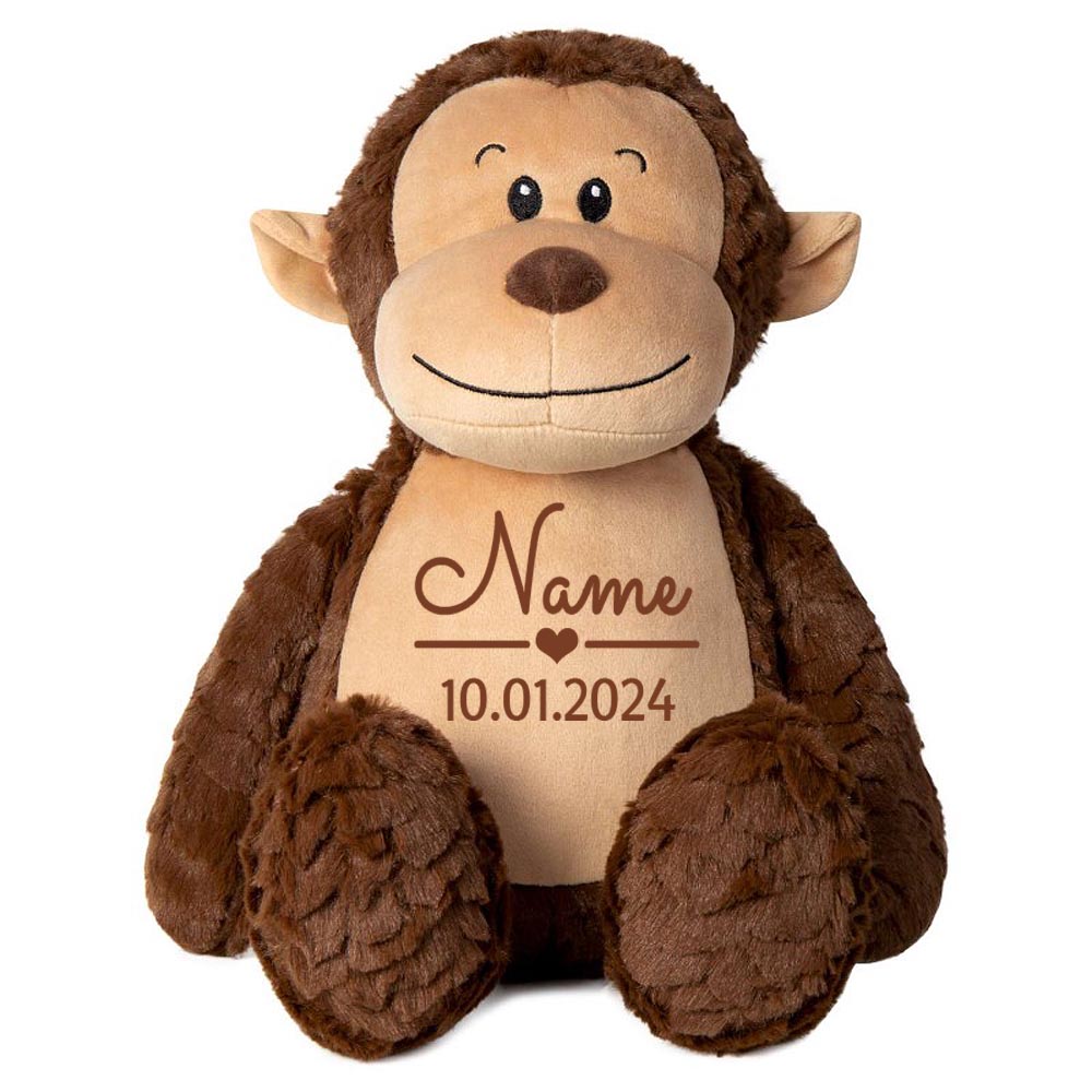 Stofftier AFFE braun mit Name personalisiert Kuscheltier für Kinder Flauschiges Plüschtier 40cm Motiv Name und Datum