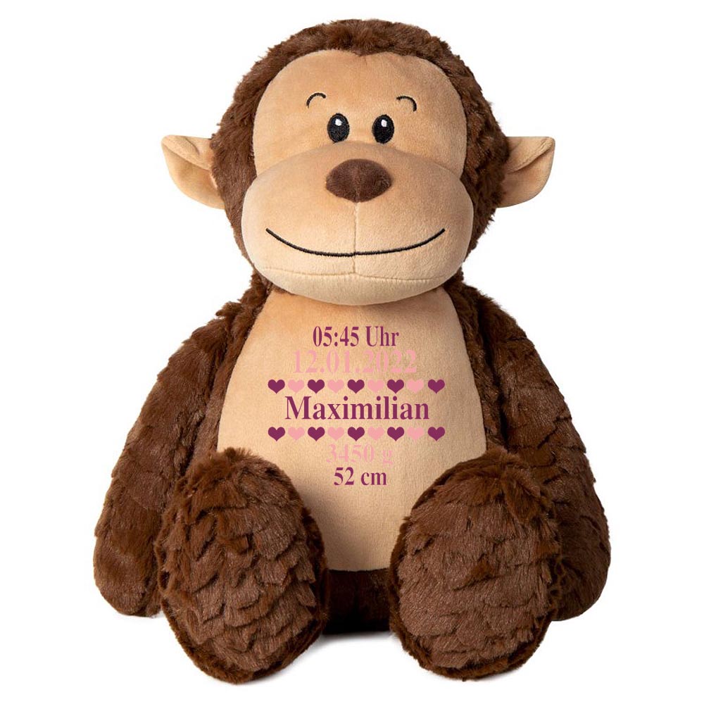 Stofftier AFFE braun mit Name personalisiert Kuscheltier für Kinder Flauschiges Plüschtier 40cm Motiv Geburt