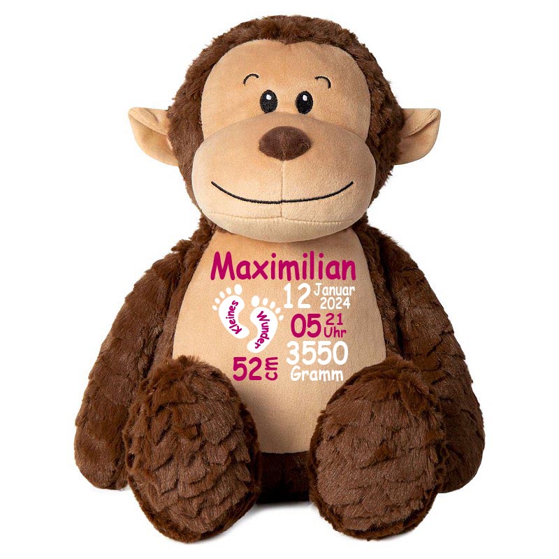 Stofftier AFFE braun mit Name personalisiert Kuscheltier für Kinder Flauschiges Plüschtier 40cm Motiv Füßchen