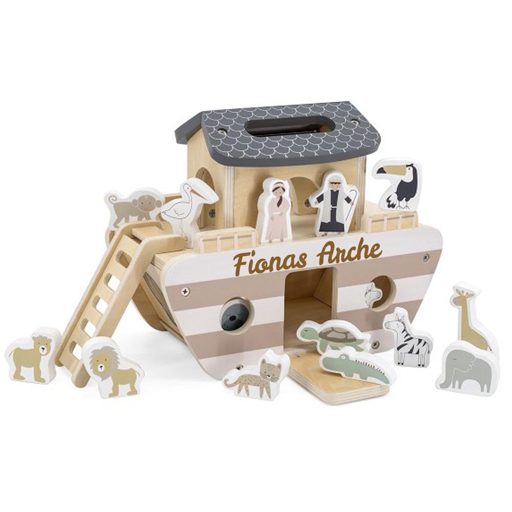 Arche Noah aus Holz personalisiert mit Name Baby Geschenk zur Taufe mit Gravur
